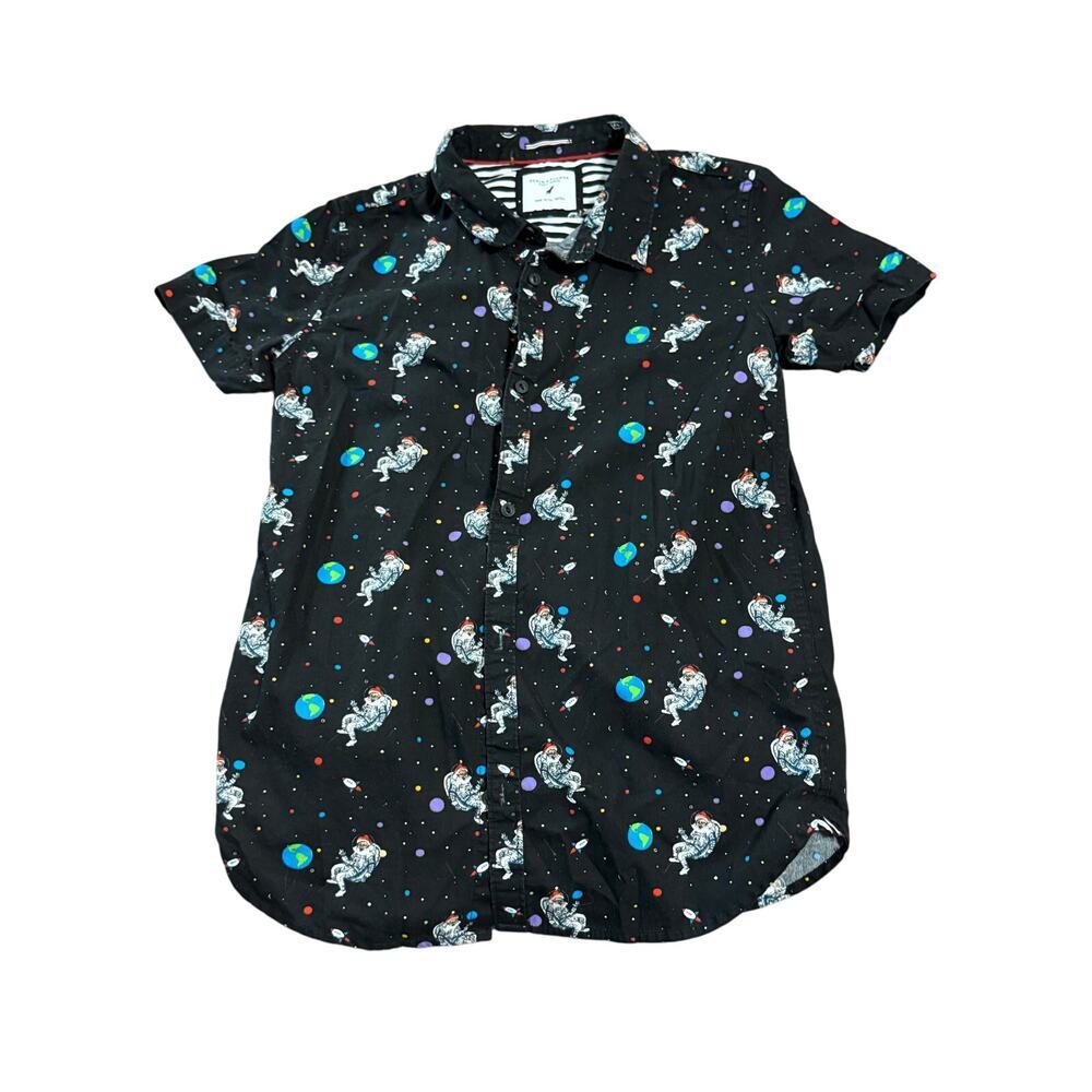 Denim & Flower Astronaut Santa Christmas Button Up Size 13/14 Black Short Sleeve